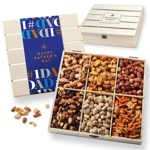 Vista 7 de Bonnie & Pop- Cesta de regalo de frutos secos, en caja de madera reutilizable, opción de regalo saludable, caja de aperitivos gourmet, con sabores