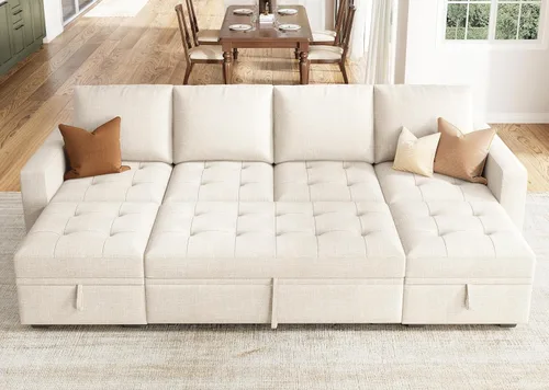 Vista 22 de HONBAY Sofá cama modular modular con cama extraíble, sofá en forma de L con asiento de almacenamiento, sofás seccionales para sala de estar, beige