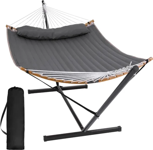 Vista 13 de SUNCREAT Hamaca doble con soporte incluido, hamaca portátil con soporte y almohada grande, rayas azules