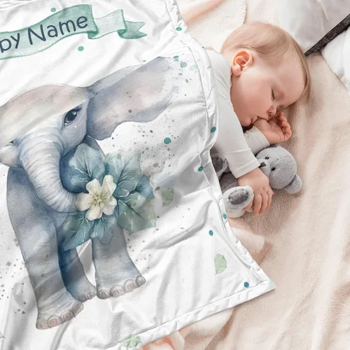 Vista 3 de Manta de bebé personalizada de elefante, manta de bebé floral con nombre para niñas, mantas de recepción de felpa suave para bebés recién nacidos