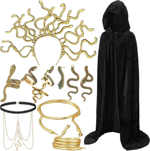 Vista 8 de Chicingyou Juego de 10 disfraces de Halloween de Medusa, accesorios de joyería de serpiente dorada para mujer, con capa larga con capucha, capa