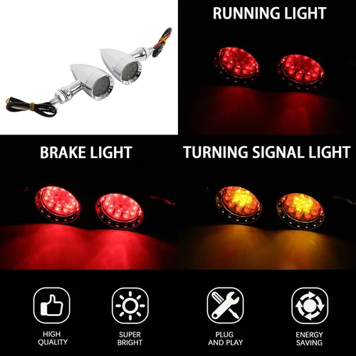 Vista 3 de DREAMIZER - Luces intermitentes para motocicleta cromadas, 15 LEDs, con forma de bala, luces indicadoras delanteras y traseras, luz roja ámbar, Luz