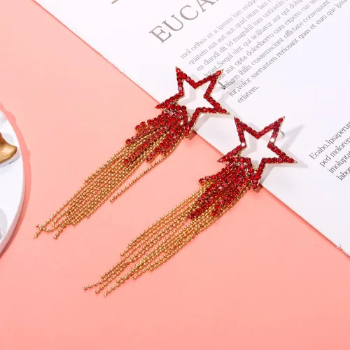 Vista 5 de Pendientes de borla para mujer, diseño de estrella, de cristal, estilo bohemio, cascada, con flecos, aretes colgantes