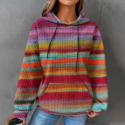 Vista 2 de Womens Hoodies Casual Long Sleeve Drawstring Waffle Pullover Tops Loose Sweatshirt with Pocket Fall Clothes