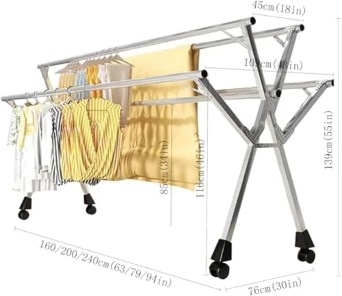 Vista 2 de Space-Saving Laundry Drying Rack Foldable, Heavy-Duty Stainless Steel Clothes Dryer with Rolling Wheels, Multi-Layer Frame (63in 63in)