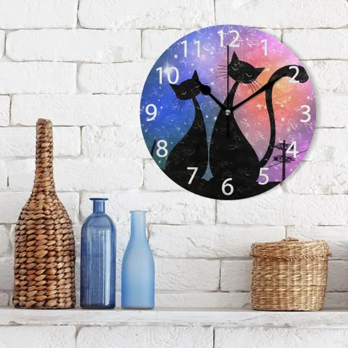 Vista 3 de senya Reloj de pared redondo con diseño de gatos mágicos, pintura al óleo silenciosa que no hace tictac, decorativo para el hogar, oficina, escuela