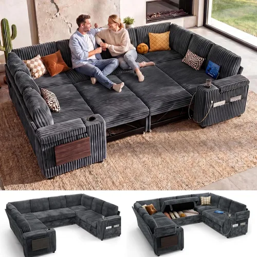 Vista 21 de WEUP Sofá cama modular de 111 pulgadas con cama extraíble, sofá de pana de felpa en forma de L de 7 asientos con diván de almacenamiento, puertos