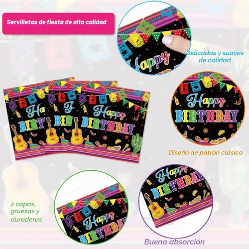 Vista 4 de Tevxj Juego de vajilla de 96 piezas para fiesta mexicana de feliz cumpleaños, platos de postre desechables, platos de fiesta, servilletas, tenedores