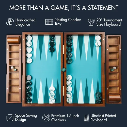 Vista 2 de Pointworks Juego de Backgammon de 20 Pulgadas Grande para Adultos, Tablero de Backgammon Verde, Madera Sólida. Bandeja de Accesorios Desmontable