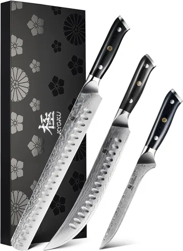 Vista 10 de KYOKU - Juego de 2 cuchillos japoneses para cortar carne, juego de cuchillos de carnicero de cocina de Damasco para tallar pechuga, acero VG10