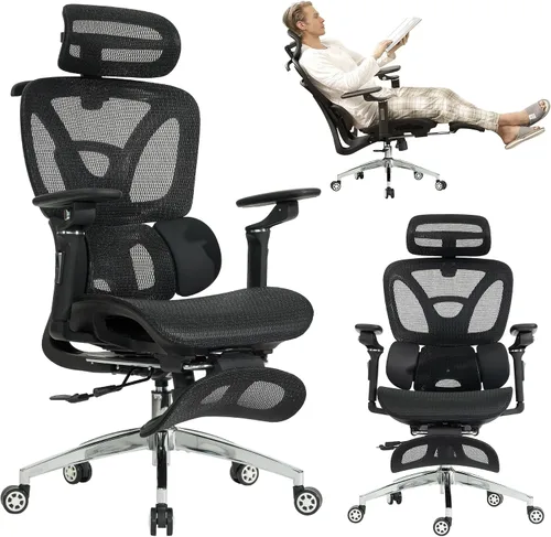 Vista 10 de Silla de oficina ergonómica, silla de escritorio de malla para el hogar, cómoda silla de juegos con reposapiés, ruedas, reposacabezas 2D ajustable