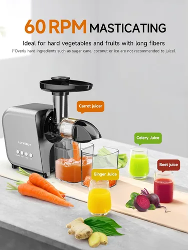 Vista 4 de Máquina exprimidora lenta para verduras y frutas, extractor de masticación en frío, apio, hierba de trigo, hojas verdes, zanahoria, jengibre