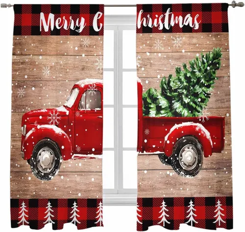 Vista 35 de Cortinas traslúcidas para camión rojo de Navidad de 45 pulgadas de largo, juego de 2 paneles de tablero de madera retro rústico con cuadros