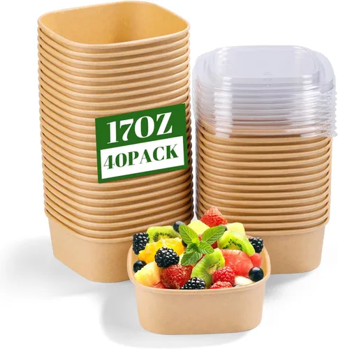 Vista 9 de Paquete de 25 cuencos de papel de 19 onzas, recipientes desechables con tapas, cuencos rectangulares desechables con tapas, cuencos de ensalada