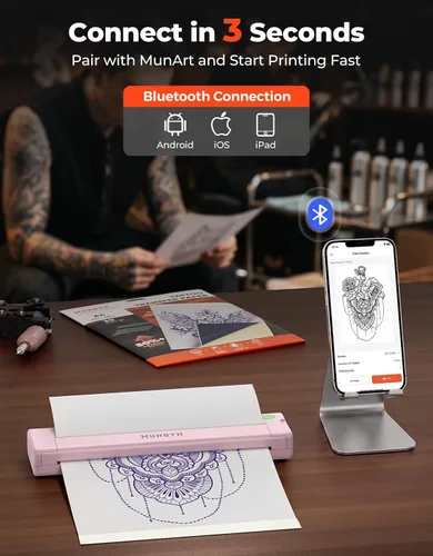 Vista 3 de MUNBYN ITP05S - Impresora de plantillas de tatuaje, impresora térmica inalámbrica Bluetooth con 20 hojas de papel de transferencia, compatible