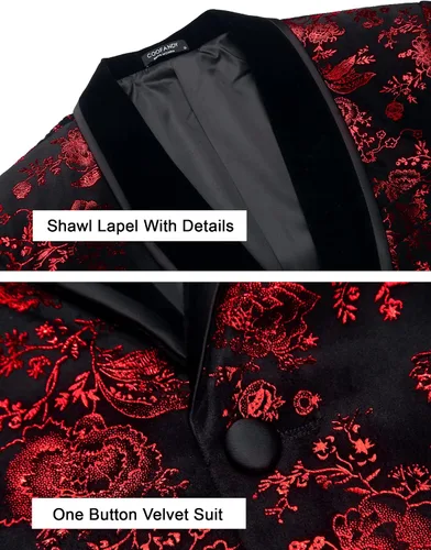 Vista 4 de COOFANDY Men's Floral Tuxedo Jacket Shawl Lapel One Button Velvet Suit Jacket Dinner Prom Party Wedding Blazer