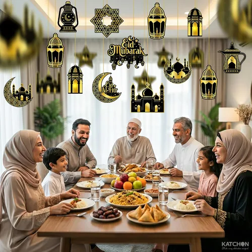 Vista 4 de KatchOn, Decoraciones de Eid Mubarak en negro y dorado – Paquete de 36 Decoración colgante de Eid, guirnalda de Eid para decoraciones de Eid