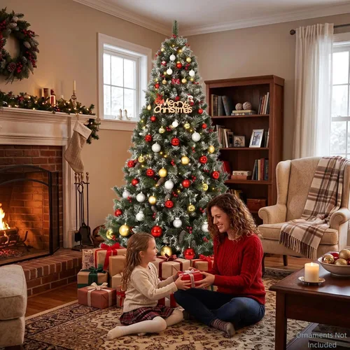 Vista 2 de 6.5 ft Prelit Snow Flocked Christmas Tree, Artificial Pine Tree with Red Berries & Pine Cones, 880 Branch Tips, Hinged Branches, Easy Assembly, Fire