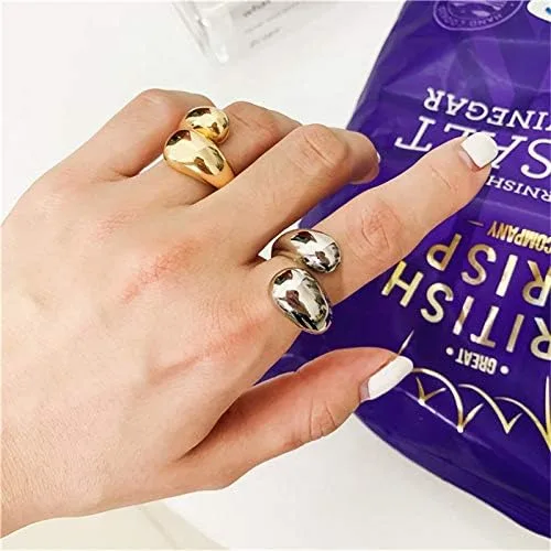 Vista 2 de KURTCB Anillo abierto grueso chapado en oro de 14 quilates, minimalista, ajustable, lágrima, ancho, atrevido anillo para mujeres y niñas, Metal, Oro