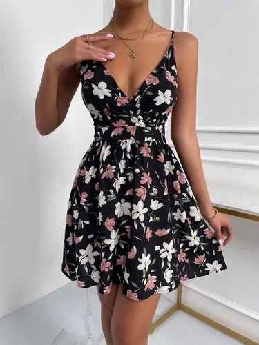 Vista 3 de SheIn Vestido corto de verano para mujer con estampado floral y cinturón