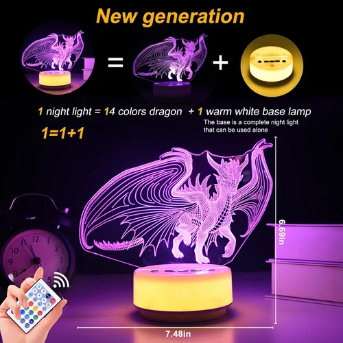 Vista 6 de Luz nocturna de dragón para niños, regalo de dragón para niños y adultos, lámpara de noche decorativa para dormitorio/oficina, 5 botones y control