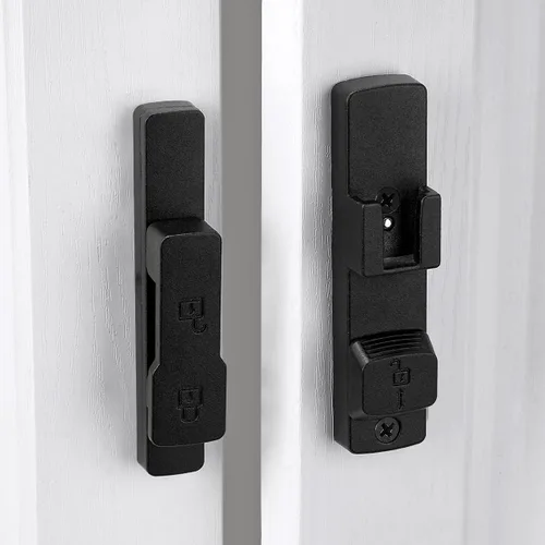 Vista 7 de INIRET Cerradura de puerta de granero negro mate de 180 grados, herrajes para puerta abatible, cerradura de puerta de aleación de zinc, protege