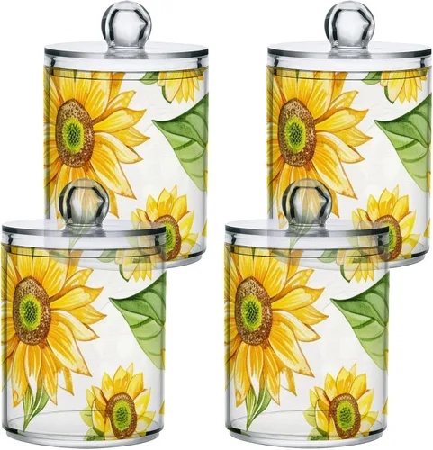 Vista 3 de Paquete de 2 dispensadores porta-hisopos Qtip para bolas de algodón, girasol amarillo, hisopos de algodón, almohadillas redondas de algodón, juego