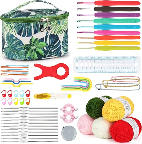 Vista 13 de Aeelike Kit de ganchillo con bolsa para viajes, kit fácil de aprender a ganchillo para principiantes de todas las edades, el kit de inicio