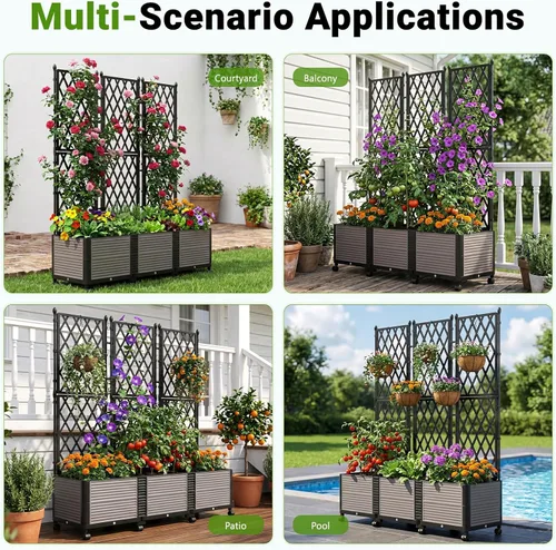Vista 6 de DoCred Jardinera elevada de 63 pulgadas de alto con enrejado, maceta vertical para horticultura, jaula de tomate con ruedas para plantas trepadoras