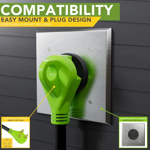 Vista 5 de RV 30 amperios, 125 voltios, NEMA TT-30R, 2P, receptáculo de alimentación de 3 W, cuchilla recta, grado industrial, conexión a tierra, cable