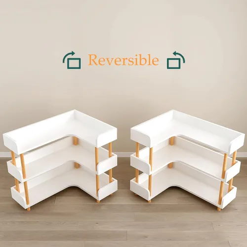 Vista 4 de Estantería esquinera reversible de madera, moderna estantería en forma de L de 3 niveles con marco de madera maciza y protección de bordes