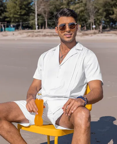 Vista 4 de COOFANDY Conjunto corto de 2 piezas para hombre, camisa cubana con botones, informal, conjunto de trajes de playa cortos