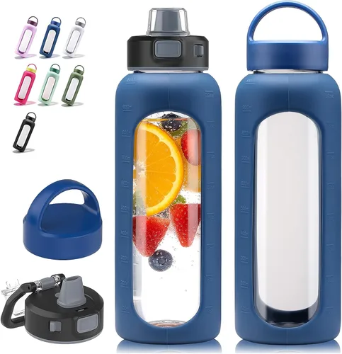 Vista 20 de Kodrine - Botella de agua de vidrio de 20 onzas con popote y 2 tapas para fácil transporte, con asa, funda de silicona y marcador de tiempo, botella