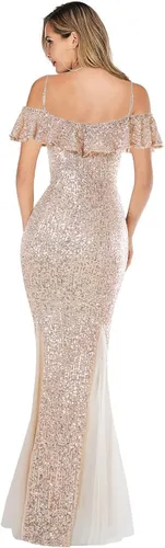 Vista 3 de ARFAR - Vestido de fiesta de noche de tul con lentejuelas para mujer, vestido largo formal con volantes y tirantes esfagetti, vestido de graduación