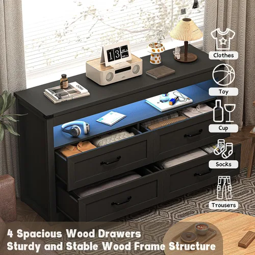 Vista 4 de Cómoda negra para dormitorio con 4 cajones, cómoda negra y cómoda, cajones de almacenamiento anchos de madera moderna con luces LED para armario