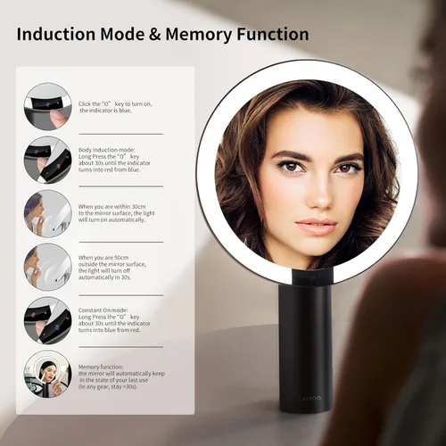 Vista 3 de AMIRO Espejo de maquillaje iluminado de 9" con sensor inteligente y control táctil, 3 colores y 6 niveles de brillo, recargable e inalámbrico, Negro