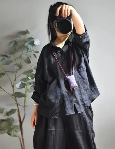 Vista 2 de NFYM Camisa de lino y lino con botones para mujer, hecha a mano, manga larga, ajuste holgado, cuello con bolsillo