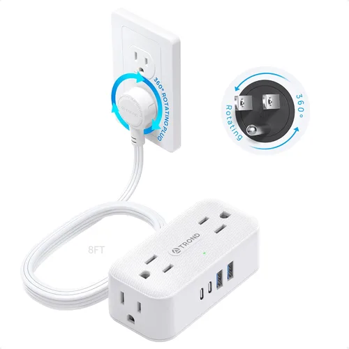 Vista 8 de TROND 360° Rotating Flat Plug Power Strip, 1.5FT Extension Cord with 4 USB Ports, 4 Wide Spaced AC Outlets, Wall Mount, 900J Surge Protector for