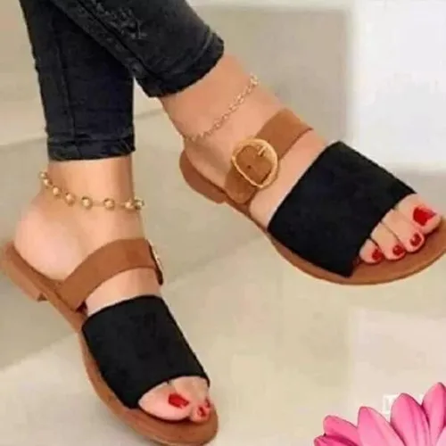 Vista 2 de Sandalias para las mujeres Casual verano, 2021 Open Toe Pisos Slip On Slide Sandalias Zapatos Correa Sandalias Metal Hebilla Zapatos