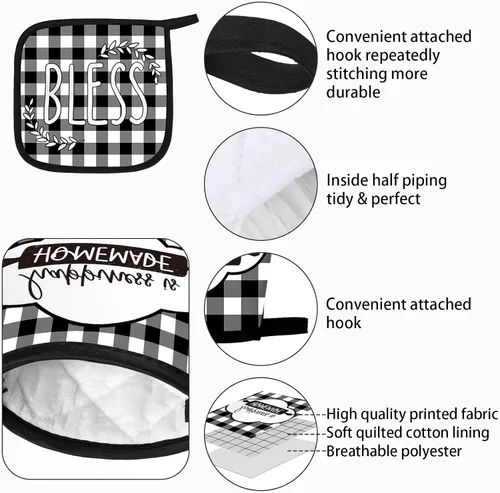 Vista 3 de Juego de 5 toallas de cocina a cuadros de búfalo, guantes de horno y soporte para ollas, toallas de cocina en blanco y negro, almohadillas calientes