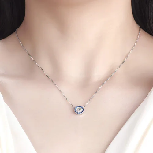 Vista 2 de Kaletine Collar con colgante redondo de mal de ojo de plata de ley 925 con circonita cúbica de 16.0in + extensor de 2.0in
