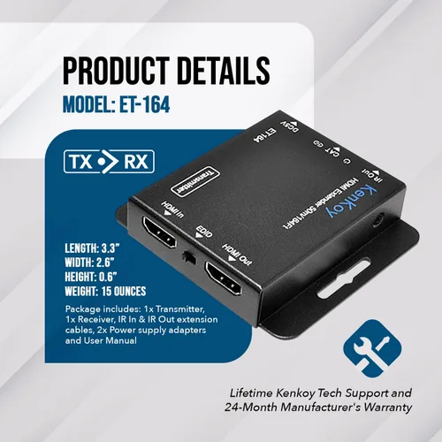 Vista 7 de Extensor HDMI Balun sobre Cat6/Cat5e hasta 165 pies de KenKoy - hasta 1080p con bucle HDMI en transmisor y extensión IR (ET164)