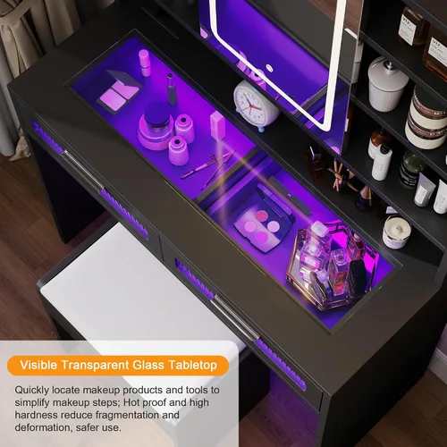 Vista 2 de Hadulcet Escritorio de tocador negro con espejo deslizante y luces LED, mesa de tocador de vidrio de 35.5 pulgadas con tomas de corriente, cajones