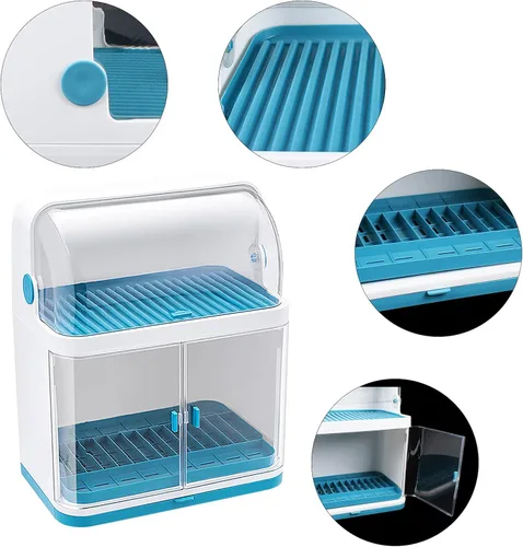 Vista 8 de Escurridor de platos con tapa, estante de secado de plástico de 2 niveles para cocina, platos y almacenamiento de platos