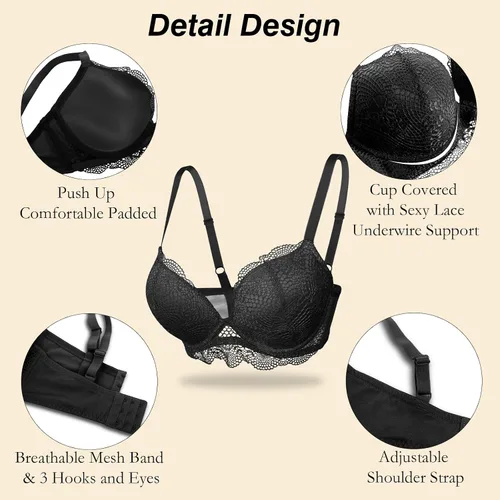 Vista 5 de Women's Push Up Lace Bra Padded Add 2 Cups Support Underwire Lift Up Deep V Bra for Women