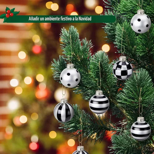 Vista 4 de 12 bolas de Navidad en blanco y negro, bolas colgantes de 1.6 pulgadas, bolas colgantes de búfalo de cristal a cuadros, decoración de árbol de bolas