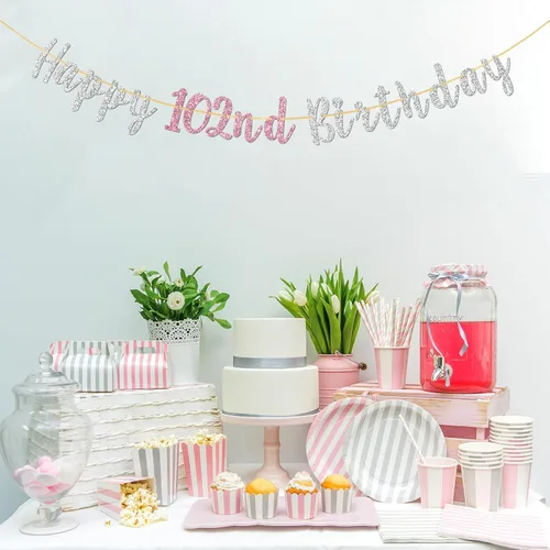 Vista 3 de Cartel de feliz cumpleaños número 102, pancarta para mujeres de 102 años, regalos de cumpleaños 102, decoraciones de guirnalda de fiesta de saludos