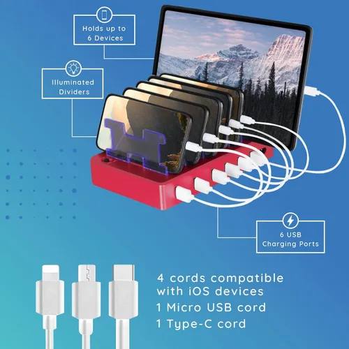 Vista 3 de Estación de carga para múltiples dispositivos – Base de carga USB de 6 puertos para Apple y Android – Organizador de carga múltiple rápida