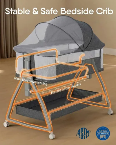 Vista 6 de Cuna de Bebé para Colocar al Lado de la Cama con Ruedas, Cuna Portátil 3-en-1 para Recién Nacido, Cuna de Dormir Lateral con Altura Ajustable