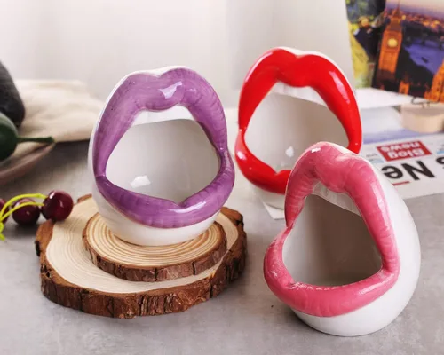 Vista 6 de WHJY Maceta de labios atractivos, maceta suculenta de cerámica - rosa